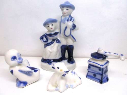 Lot of Four Miniature Ceramic Delft Style Printer`s Tray/Dollhouse figurenes. Spotless. As per photo