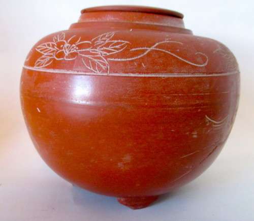 Vintage Chinese Clay Tea Canister with lid. Engraved. 135 x 150mm