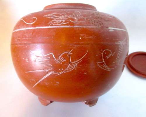 Vintage Chinese Clay Tea Canister with lid. Engraved. 135 x 150mm