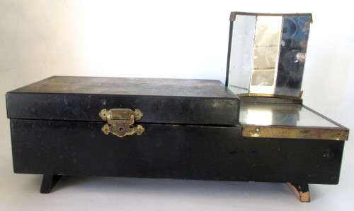 Antique Chinese Musical Jewellery Box with Mirror. Black and brasss. Needs TLC. Windup Key intact.