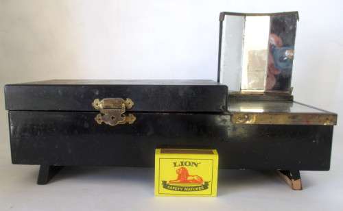 Antique Chinese Musical Jewellery Box with Mirror. Black and brasss. Needs TLC. Windup Key intact.