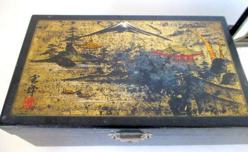 Antique Chinese Musical Jewellery Box with Mirror. Black and brasss. Needs TLC. Windup Key intact.