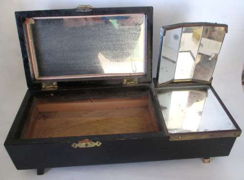 Antique Chinese Musical Jewellery Box with Mirror. Black and brasss. Needs TLC. Windup Key intact.