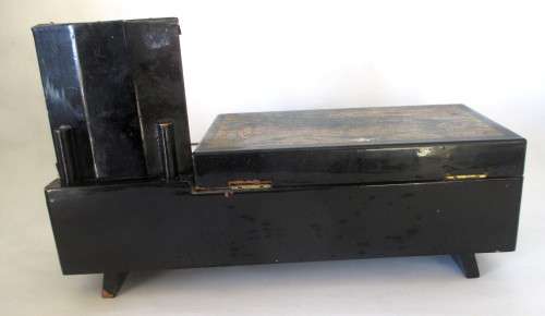 Antique Chinese Musical Jewellery Box with Mirror. Black and brasss. Needs TLC. Windup Key intact.