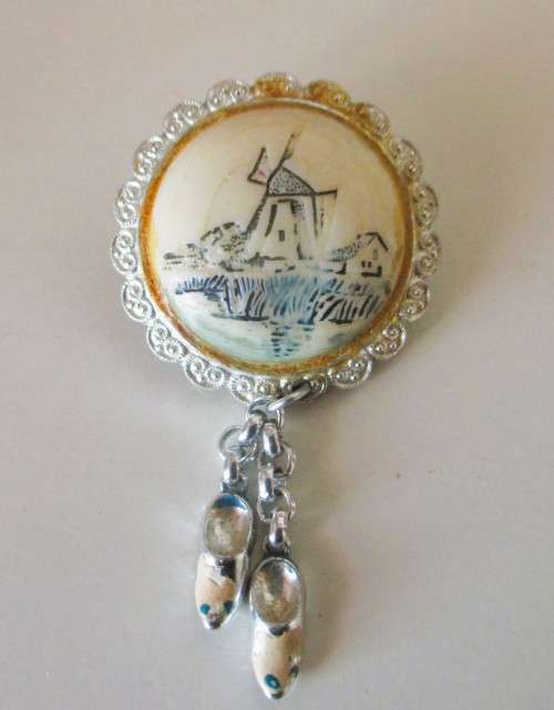 Vintage Painted Resin, Holland Windmill and silver metal clogs Brooch. As per Photo. 65mm