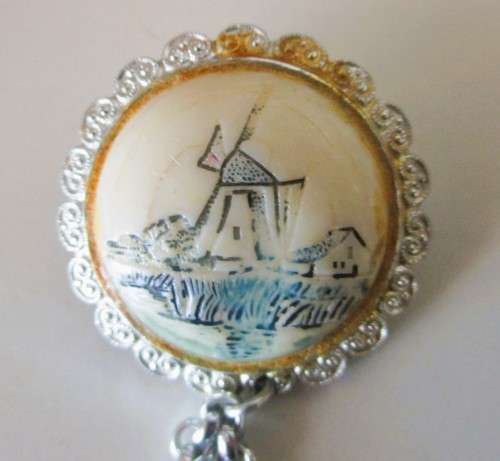 Vintage Painted Resin, Holland Windmill and silver metal clogs Brooch. As per Photo. 65mm