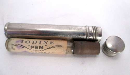 Vintage Metal Medicine Phial Container - with Glass Phial Iodine Pen.  70mm