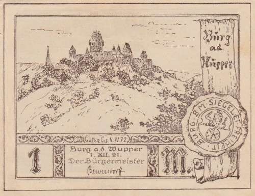 1921  City of Burg an der Wupper (Prussian province of Rhine) 1 Mark. Notgeld