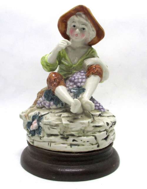 Vintage CapoDiMonte Boy Eating Grapes Figurine. On wooden stand. Spotless. 170 x110mm