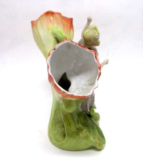 Antique C19th Continental China Posy Vase Featuring a Lady Among the Flowers. 130 x120mm. Delicate.
