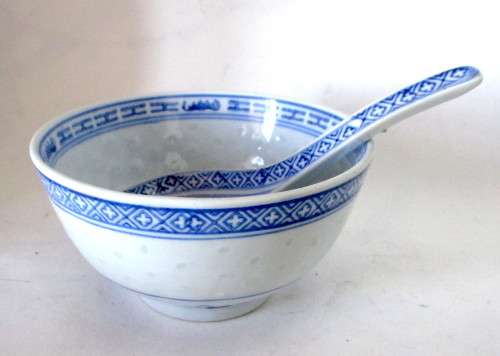 Vintage Chinese Jingdezhen Rice Grain Eyes Blue and White Porcelain Spoon and Bowl.