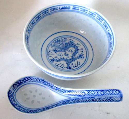 Vintage Chinese Jingdezhen Rice Grain Eyes Blue and White Porcelain Spoon and Bowl.