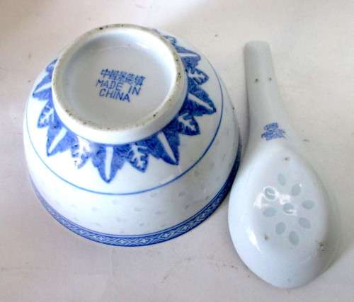 Vintage Chinese Jingdezhen Rice Grain Eyes Blue and White Porcelain Spoon and Bowl.
