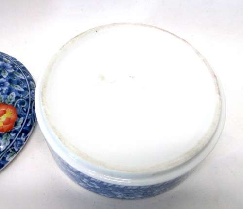 Lovely Japanese Porcelain Bowl Hand Painted Orange and Blue Floral. 130 x 50mm. Spotless.