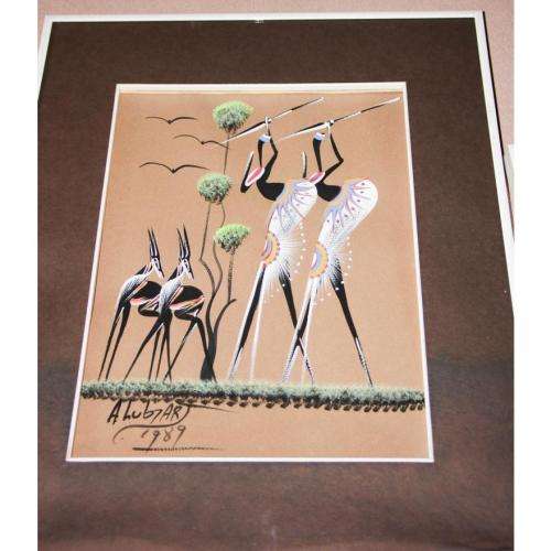 Lot of 3 A Lubtart (20th C) African Figurines , each Framed, signed and dated 1989, 31 x 24cm (3).