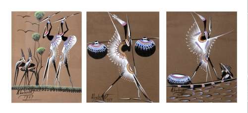 Lot of 3 A Lubtart (20th C) African Figurines , each Framed, signed and dated 1989, 31 x 24cm (3).