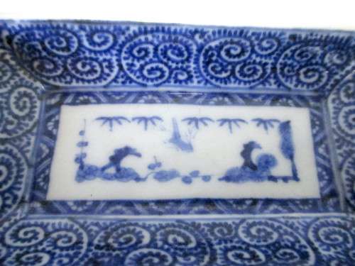 Chinese porcelain oblong dish notched corners, blue and white. Six character Chenghua mark. 105x60mm