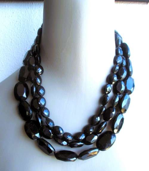 Vintage Three String Black Jet Bead Necklace. Different bead sizes. Extension chain. 50mm.