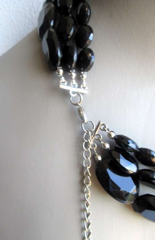 Vintage Three String Black Jet Bead Necklace. Different bead sizes. Extension chain. 50mm.
