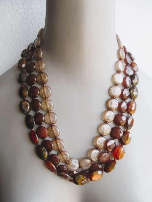 Vintage Three String Natural Multi-Color Faceted Beads Necklace, Pale Glitter, Jasper color. 58cm