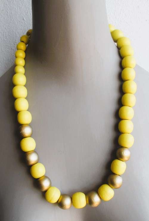 2 x Yellow Wooden bead Necklaces. One with Gold color.  64cm