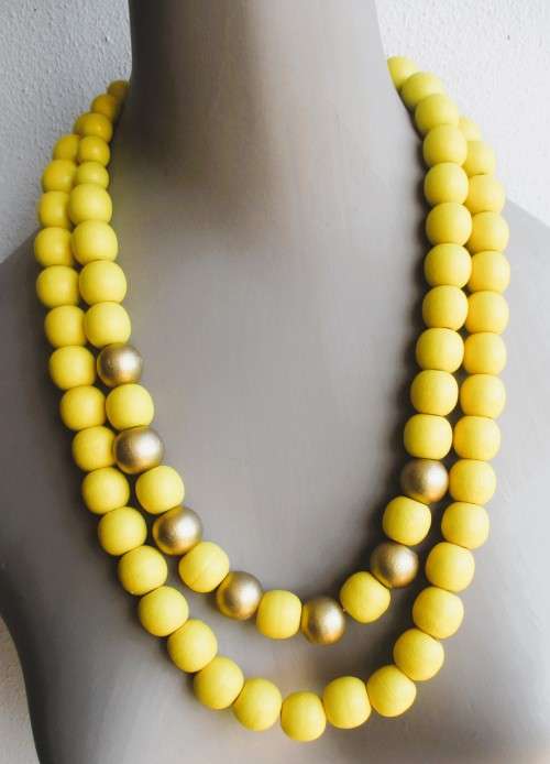 2 x Yellow Wooden bead Necklaces. One with Gold color.  64cm