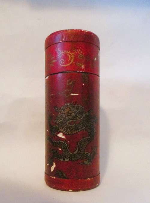 Chinese Fortune Sticks, 59 Wooden Sticks red tipped in tube depicting dragon. As per photo