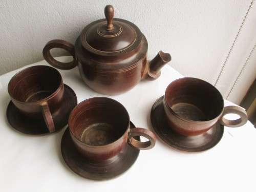 Creative Wooden Tea Set, Wooden Handicraft Teapot with 3 cups as saucers Set. 140cm teapot high.