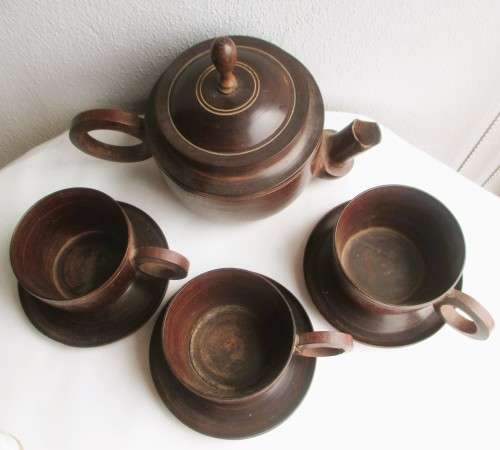 Creative Wooden Tea Set, Wooden Handicraft Teapot with 3 cups as saucers Set. 140cm teapot high.