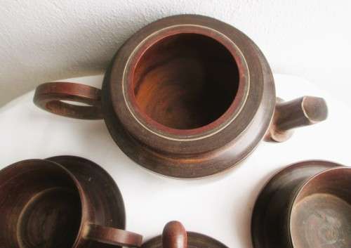Creative Wooden Tea Set, Wooden Handicraft Teapot with 3 cups as saucers Set. 140cm teapot high.