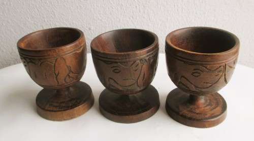 Vintage Hand Carved Wooden Shot glasses. African animals Theme. 55mm high.