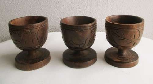 Vintage Hand Carved Wooden Shot glasses. African animals Theme. 55mm high.