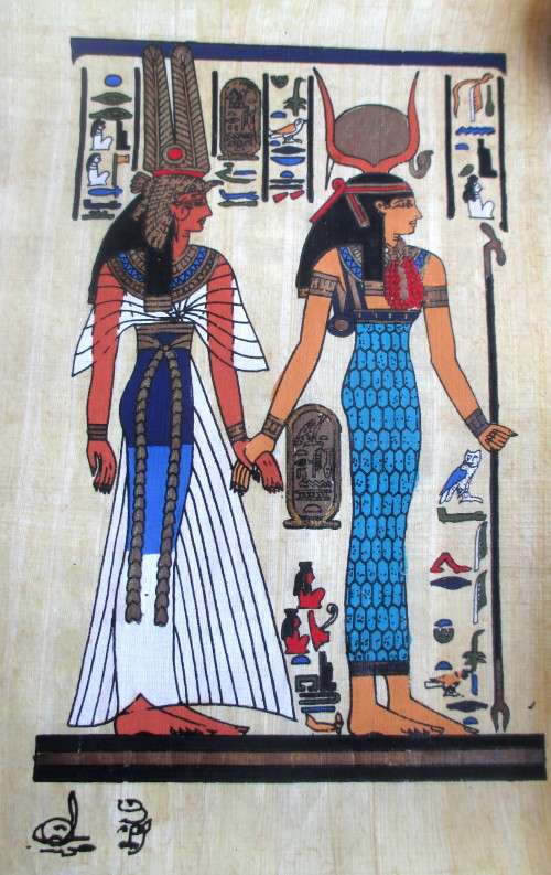 Original Signed Papyrus Painting of Nefertiti and Isis, in original holder. 200x250mm