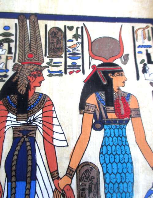Original Signed Papyrus Painting of Nefertiti and Isis, in original holder. 200x250mm