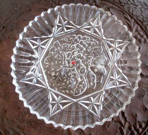 Vintage Clear Cut Glass Serving Platter Fruit Design Sawtooth Edging. 28cm dia. No Chips.