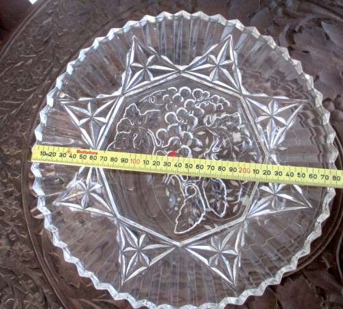 Vintage Clear Cut Glass Serving Platter Fruit Design Sawtooth Edging. 28cm dia. No Chips.