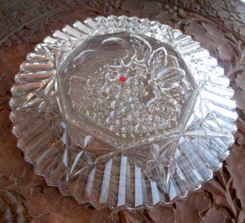 Vintage Clear Cut Glass Serving Platter Fruit Design Sawtooth Edging. 28cm dia. No Chips.