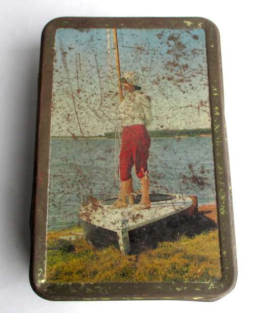 Vintage Cookie Tin, Boy fishing at a lake. 210x140x50mm Humphries Ndabeni Kp.