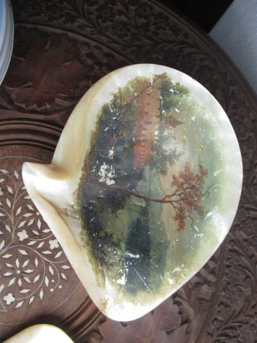 Two Antique Early 20th Cent Chinese Hand Painted Scene On Large Mother Of Pearl Shell.  25x21cm
