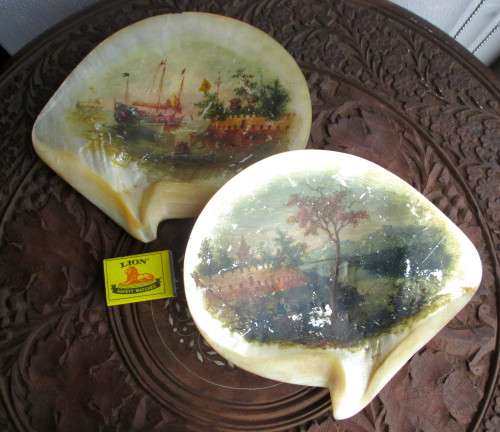 Two Antique Early 20th Cent Chinese Hand Painted Scene On Large Mother Of Pearl Shell.  25x21cm