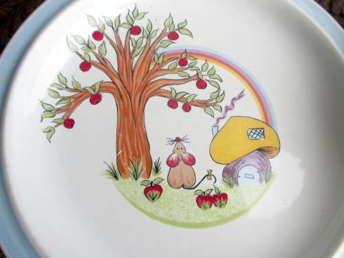 Three Piece Vintage Denby Pottery Apple Mouse Plates/Bowl Mushroom Rainbow Barbara Sharp England