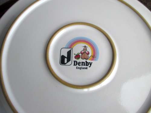 Three Piece Vintage Denby Pottery Apple Mouse Plates/Bowl Mushroom Rainbow Barbara Sharp England