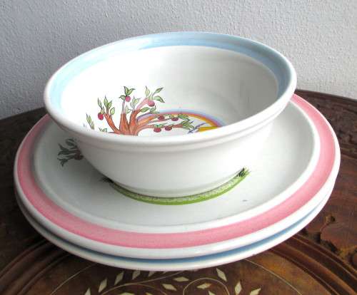 Three Piece Vintage Denby Pottery Apple Mouse Plates/Bowl Mushroom Rainbow Barbara Sharp England