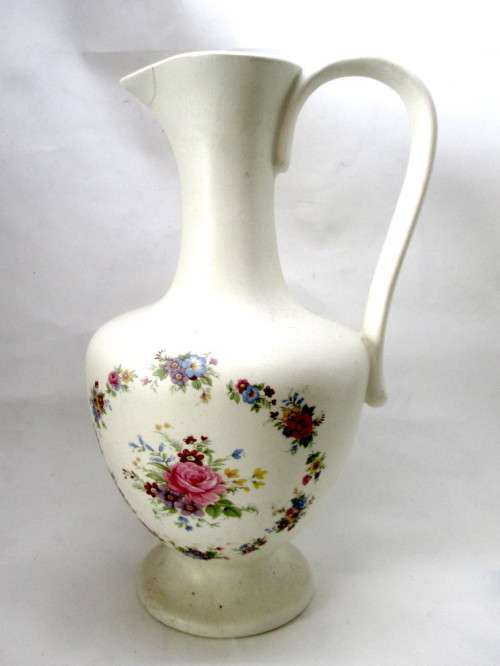 Vintage Large Unbranded Floral Pattern Bedroom Closet Water Jug. Note Repair at spout. 28cm high.