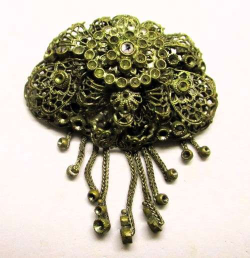 Antique Ornate Gold Tone Filigree Brooch, C. 1930. Marked Czecho.