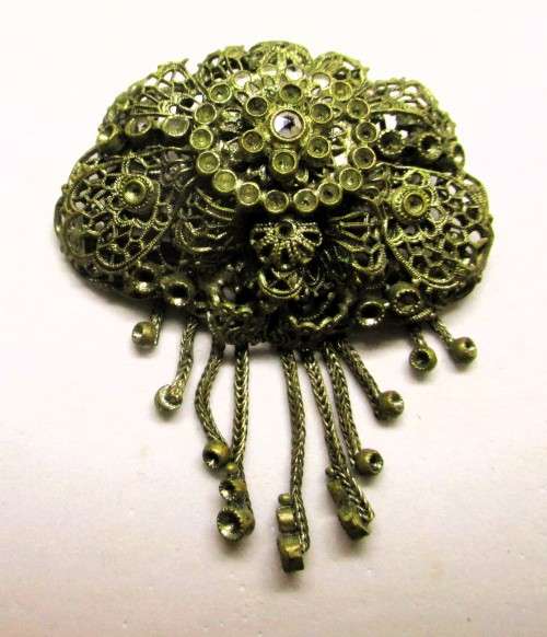 Antique Ornate Gold Tone Filigree Brooch, C. 1930. Marked Czecho.