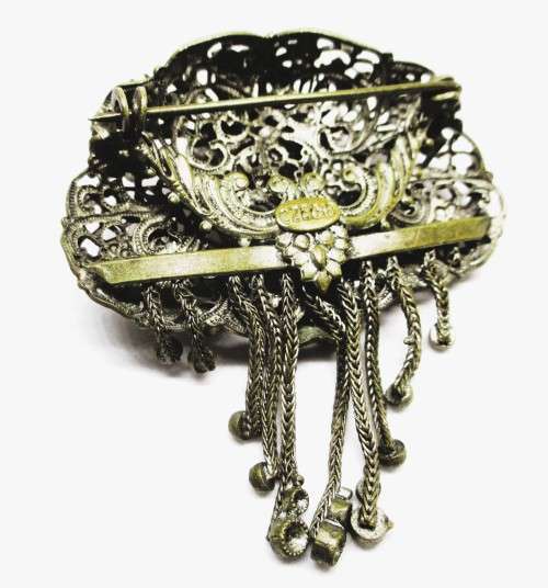 Antique Ornate Gold Tone Filigree Brooch, C. 1930. Marked Czecho.