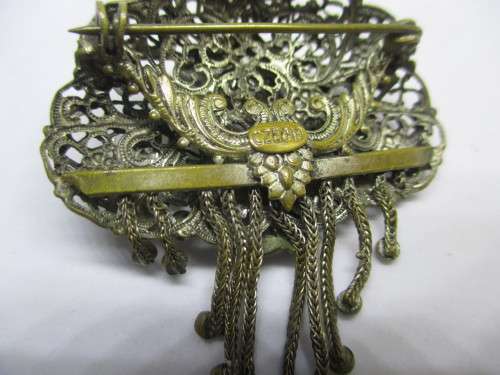 Antique Ornate Gold Tone Filigree Brooch, C. 1930. Marked Czecho.
