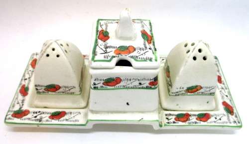 SALE R25 -Vintage ceramic Cruet Set. Unmarked, repaired. 180x100mm. Cart filler.