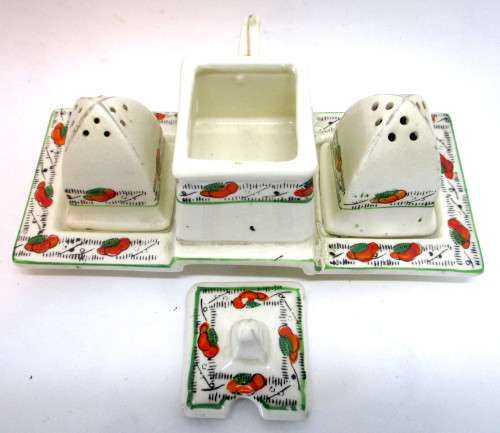 SALE R25 -Vintage ceramic Cruet Set. Unmarked, repaired. 180x100mm. Cart filler.